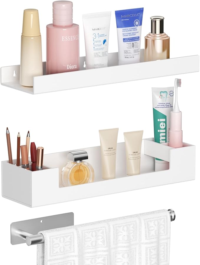 HIIMIEI Bathroom Shelves Wall Mounted: White Floating Shelf with Hand Towel Bar, 14.9in Acrylic Hanging Shelves Over Toilet, Set of 3 Bathroom Organizers Rack for Skin Care, Perfume, Lotion Storage