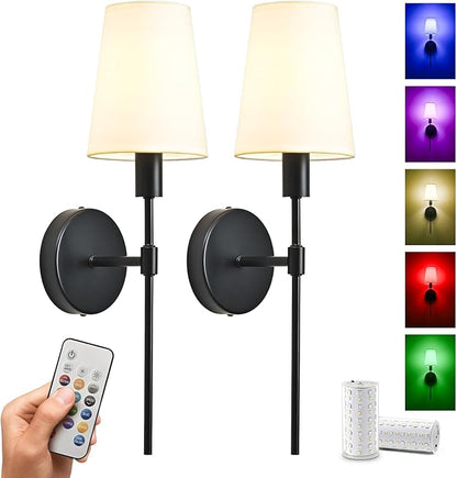 Battery Operated Wall Sconce Set of 2, Rechargeable Wall Lights with 2 * 52000mAh Magnetic Battery Bulbs, 18 RGB Colors, Dimmable Wireless Sconces for Bedroom Living Room Hallway