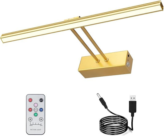 Picture Light,5000mAh Rechargeabl Art Lights for Paintings,Remote 16" Display Accent Lighting with Timer and Dimmable for Wall,Frame,Portrait-Gold