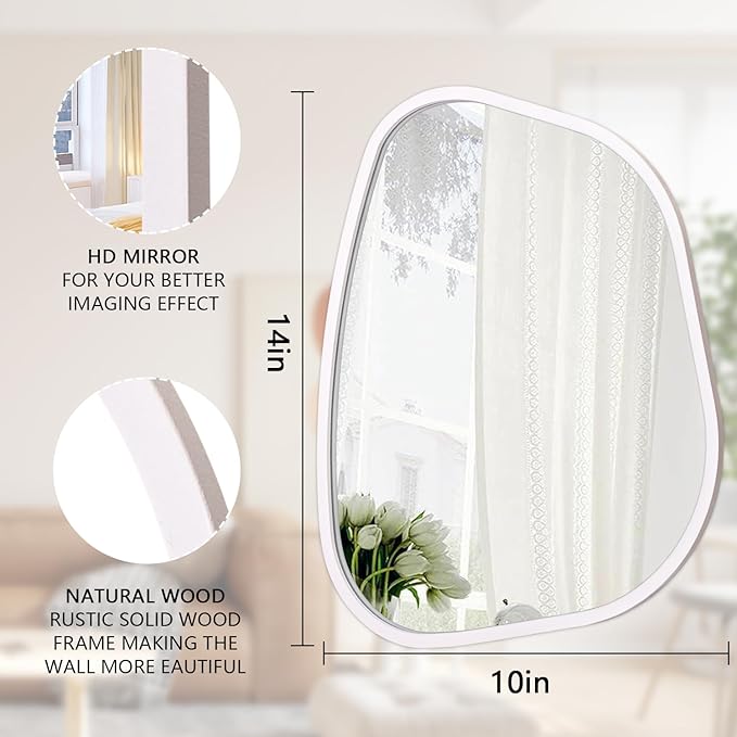 White Irregular Bathroom Mirror Modern Oval Wall Mirror Asymmetrical Wooden Framed Wall Mirror Unique Shape Wall Mounted Vanity Artistic Mirror Decor for Living Room Bedroom Entryway Small 14