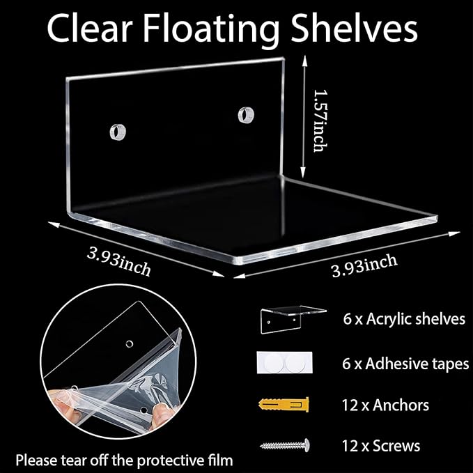 6 Pack Small Acrylic Floating Shelves for Wall, Wall Mounted Hanging Display Shelves for Plants, Funko Pop Figures, Adhesive Shelf for Bedroom, Picture Toy Clear Display Shelf