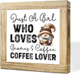 Coffees Wood Sign Just a Girl Who Loves Gnomes and Coffee Handcrafted Coffees Decor Funny Wooden Sign For Kitchen Home Office Bar Decor Cute Coffee Lover Gift Square Wood Cafe Art 5.9x5.9 Inch