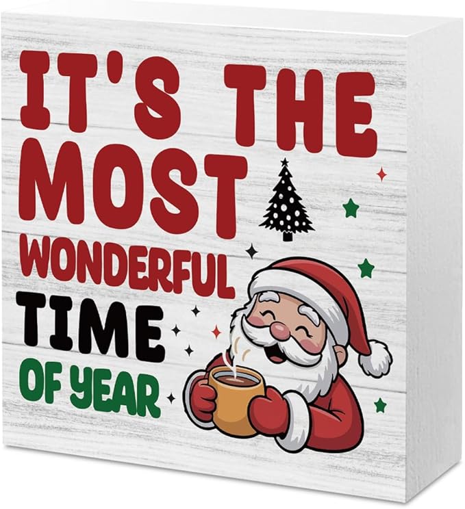 Christmas Coffee Bar Station Sign Decor Christmas Decorations Desk Accessories Indoor for Home Kitchen Office Coffee Bar Santa It's The Most Wonderful Time of Year Signs 5 X 5 Inch
