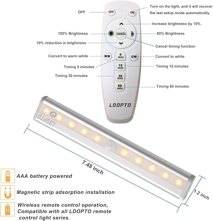 LDOPTO Battery Operated Lights with Remote Wireless Dimmable Under Cabinet Counter Lights for Kitchen LED Closet Lights with Timer for Kitchen Shelf Hallway Stairs,Multiple Colors 6 Pack