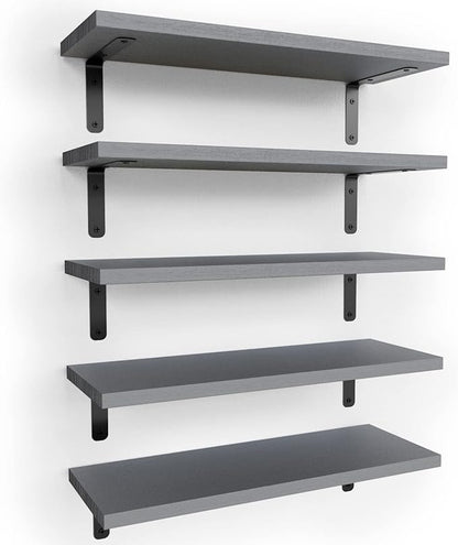 RICHER HOUSE Rustic Wood Bathroom Shelves Set of 5, Farmhouse Style Floating Shelf for Wall Décor, Hanging Shelves for Bedroom, Storage, Kitchen, Living Room - Gray