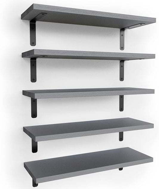RICHER HOUSE Rustic Wood Bathroom Shelves Set of 5, Farmhouse Style Floating Shelf for Wall Décor, Hanging Shelves for Bedroom, Storage, Kitchen, Living Room - Gray