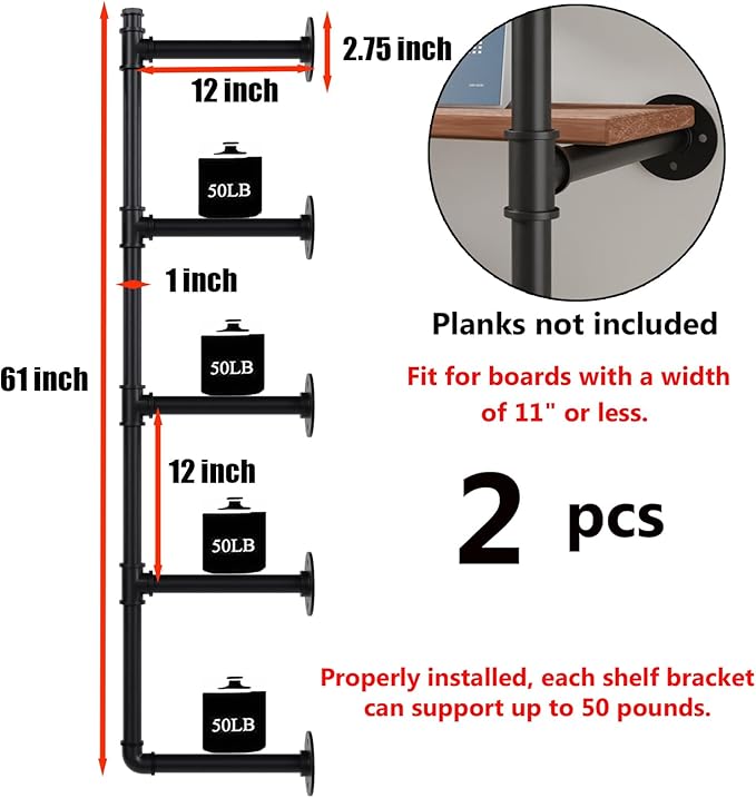 Industrial Pipe Shelf Brackets Wall Mount,Open Black Pipe Shelving for Kitchen,Floating Shelf Brackets Mount,Open Bookshelf Brackets for Shelves,Wall Shelves 12 Inch Deep(2PcsX5Tier,61