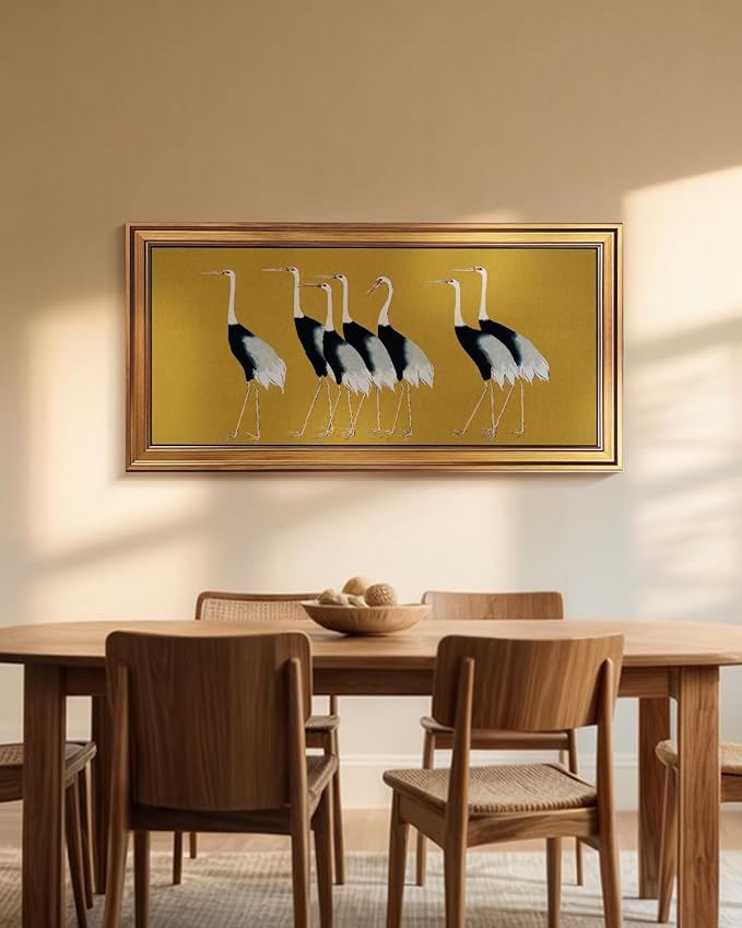 HUARCEY Gold Framed Vintage Wall Art for Living Room, Animals Painting Prints Shelf Decor for Kitchen, Aesthetic Bedroom Wall Art Decor, Christmas Gifts for Friends or Family (Seven Cranes 20