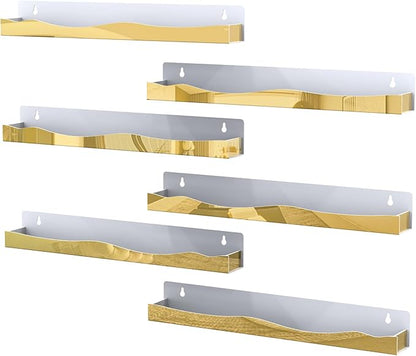 6 Pack Nail Polish Wall Rack Mirror Gold Acrylic Wall Mount Ledges with Stopper 15 Inch Kids Bookshelf Tattoo Ink Essential Oils Figurine Display Shelves Spice Rack for Salons Retailers Home