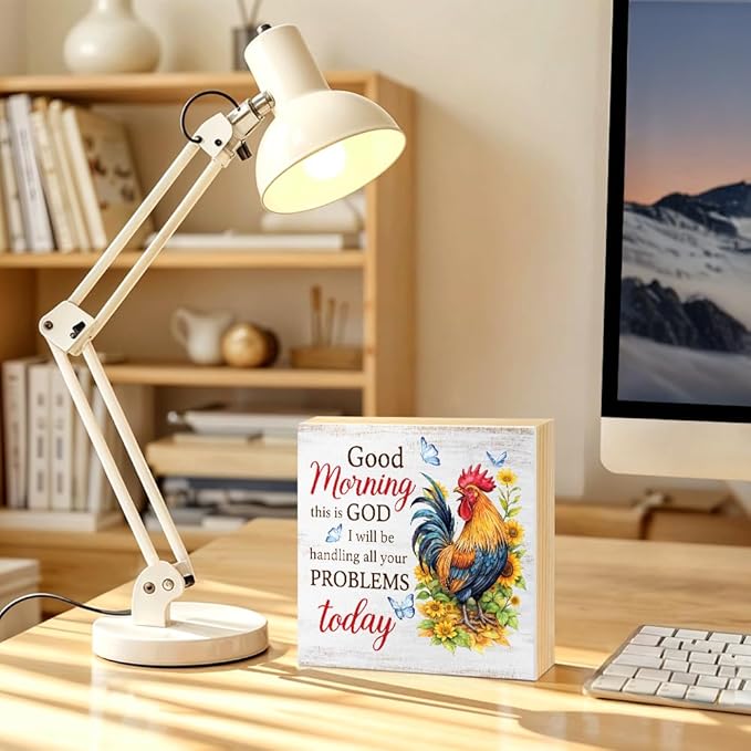 Good Morning This Is God I Will Be Handling All Your Problems Today Wood Block Plaque Box Sign for Home Living Room Coffee House Bar Shelf Table Office Decoration, Rooster Art Home Decor