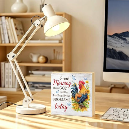 Good Morning This Is God I Will Be Handling All Your Problems Today Wood Block Plaque Box Sign for Home Living Room Coffee House Bar Shelf Table Office Decoration, Rooster Art Home Decor