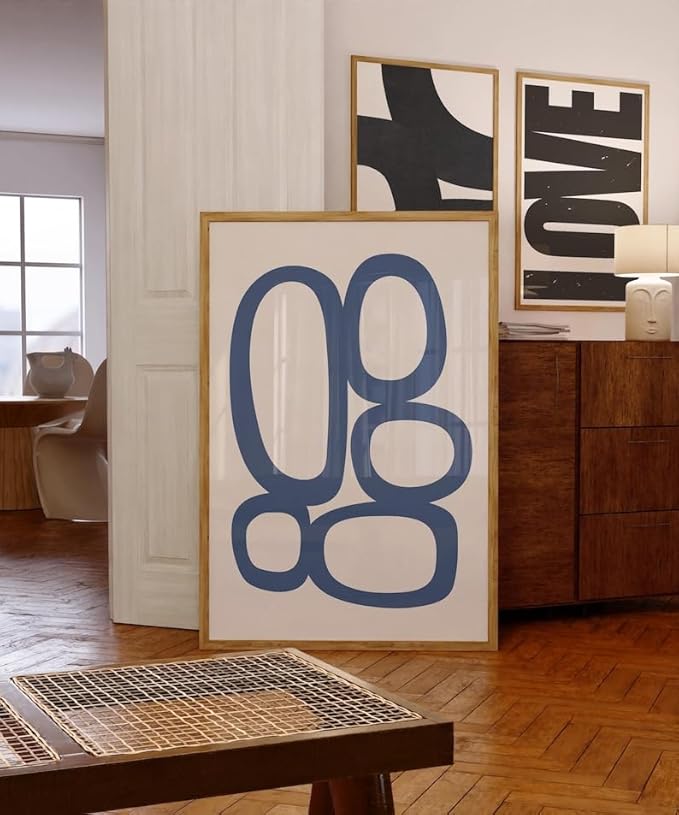 Nationcog Mid-Century Blue Beige Organic Circles Art, Minimalist Modern Wall Decor, Simple Contemporary Home Accent, Trendy Valentines Gift (Unframed) (27x40)