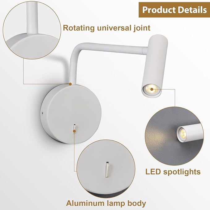 ZEROUNO Wall Mounted Reading Light for Bedroom Hardwired Sconce with Switch on/Off Modern 3000K Bedside Swing Arm Wall Lamp (White)