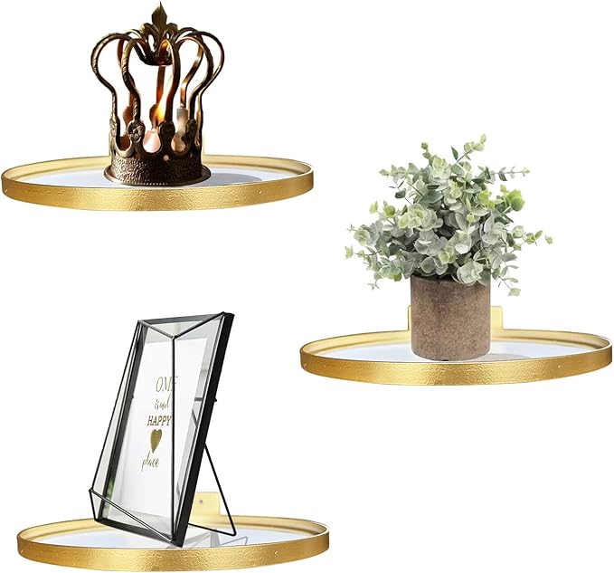 Cityelf Floating Shelves Wall Mounted Wall Decor Iron Glass Hanging Shelf Home Decor Set of 3 Display Ledge Shelves for Living Room Bedroom Office-Gold