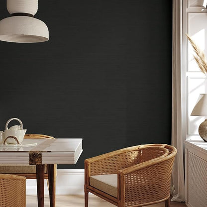 Tempaper Textured Black Horizontal Faux Grasscloth Removable Peel and Stick Wallpaper, 20.5 in X 16.5 ft, Made in The USA
