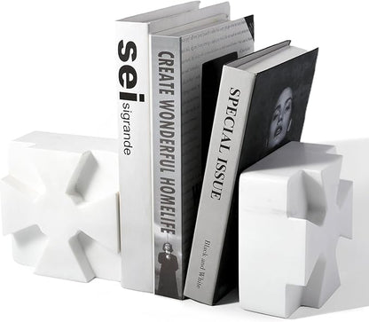 Decorative Square Marble Bookends for Heavy Books – Unique Book Ends for Shelves – Modern Aesthetic Book Holder/Stopper with Non-Slip Pads for Chic Home, Office, or Library Decor, White