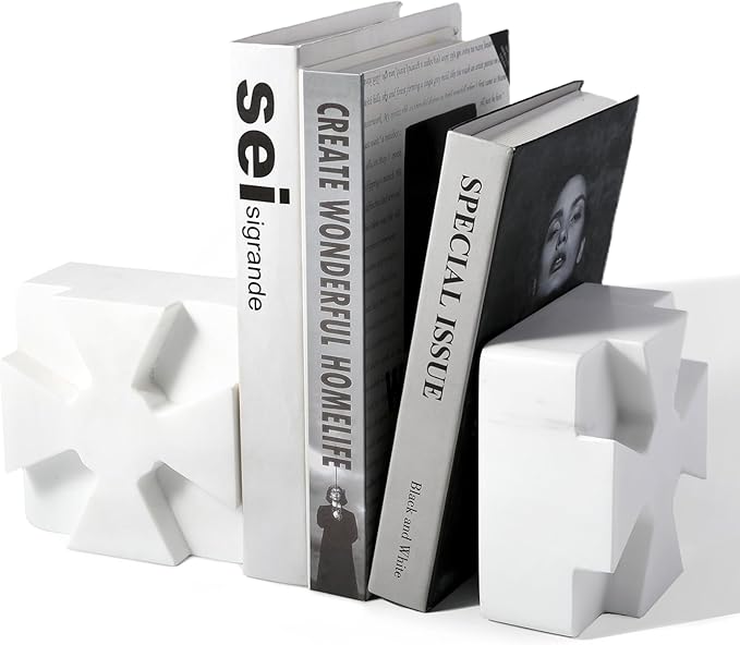 Decorative Square Marble Bookends for Heavy Books – Unique Book Ends for Shelves – Modern Aesthetic Book Holder/Stopper with Non-Slip Pads for Chic Home, Office, or Library Decor, White