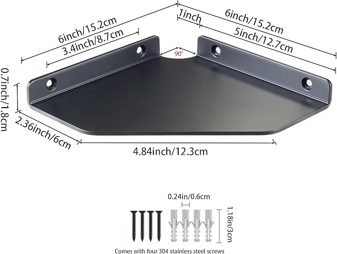 Corner Shelf Wall Mounted, Black Corner Shelf, Floating Corner Shelf – 3mm Thick Aluminum Alloy with Matte Finish for Bathroom Kitchen Living Room, 6 Inch Holds Phone Small Plants Speaker