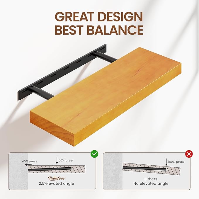 Heimlove 24 Inch Floating Shelves for Wall Brown Shelves Set of 2,Wall Mounted Rustic Wood 8 Inch Deep Floating Shelf with Invisible Brackets for Bedroom Kitchen Living Room