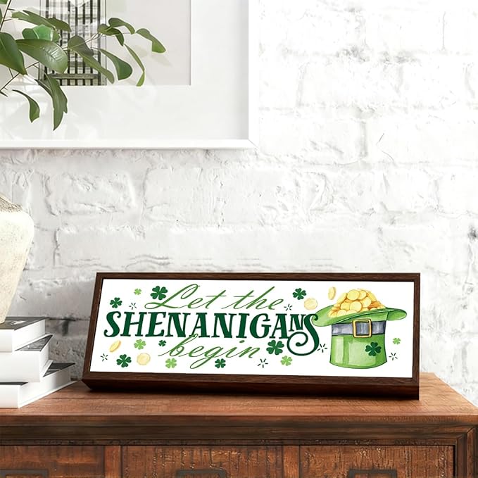 Irish Decor, Let the Shenanigans Begin Sign, Shamrock Decor Art, Green Hat Decors, St Patricks Day Decoration for Home Kitchen Shelf, Coffee Bar Decors, 9.5x3.1x1 inches