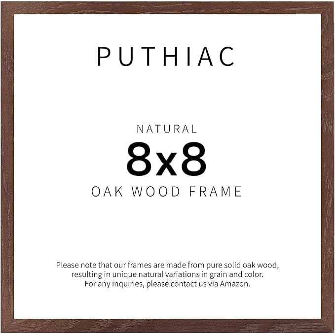 puthiac 8x8 Solid Oak Wood Picture Frame, Fits 4x4 with Mat or 8x8 Without Mat, Wall or Tabletop Display with Stand, Plexi Front, 1 Pack, Walnut