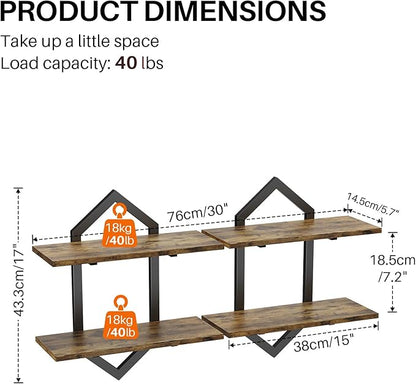 Floating Shelves, Set of 2 Wall Shelf, Wall Mounted Decorative Shelves, 2-Tier Modern Geometric Hanging Storage Shelf for Living Room, Bedroom, Kitchen, Office, Study (Rustic Brown + Black)