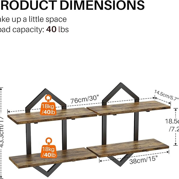 Floating Shelves, Set of 2 Wall Shelf, Wall Mounted Decorative Shelves, 2-Tier Modern Geometric Hanging Storage Shelf for Living Room, Bedroom, Kitchen, Office, Study (Rustic Brown + Black)