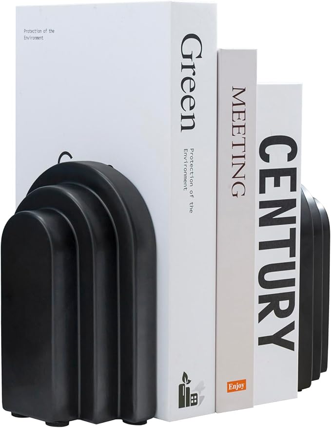 MyGift Black Concrete Bookends Decorative Arch Design, Book Ends for Heavy Books, Book Stopper for Shelves, Minimalist Home and Office Organizer, Modern Art Decor, 1 Pair