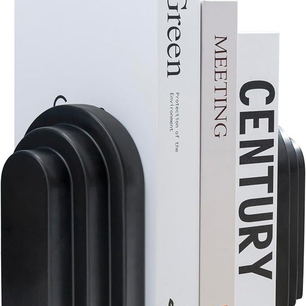 MyGift Black Concrete Bookends Decorative Arch Design, Book Ends for Heavy Books, Book Stopper for Shelves, Minimalist Home and Office Organizer, Modern Art Decor, 1 Pair