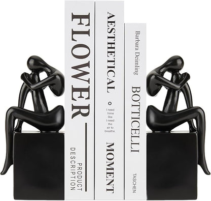 Black Book Ends Decorative, Girl Thinker Design, Modern Bookends for Shelves, Non-Skid Heavy Duty Resin Book Stopper for Books,Bookends with Base, Resin, 1Pair/2Piece