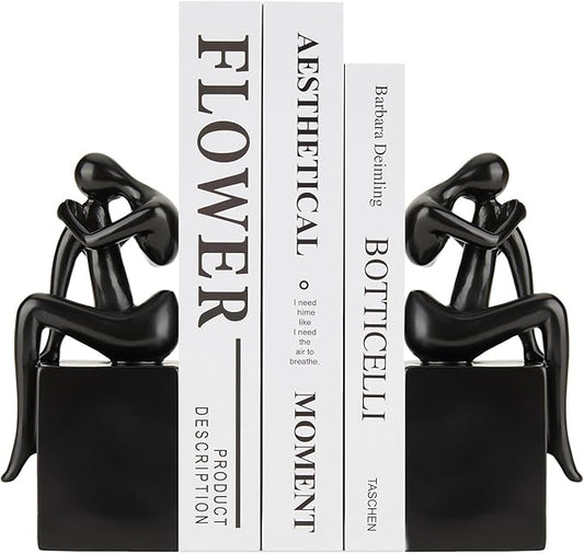 Black Book Ends Decorative, Girl Thinker Design, Modern Bookends for Shelves, Non-Skid Heavy Duty Resin Book Stopper for Books,Bookends with Base, Resin, 1Pair/2Piece