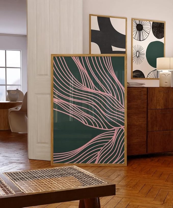 Nationcog Modern Emerald Green Pink Organic Lines Art, Minimalist Mid-Century Wall Decor, Contemporary Trendy Home Accent, Aesthetic Easter Gift Idea (Unframed) (20x30)