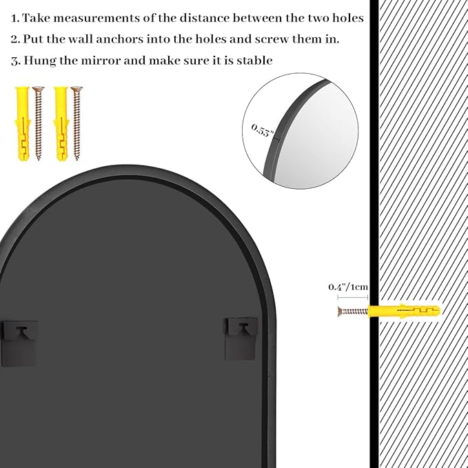 24x36 inch Arch Wall Mirror, Black Arched Bathroom Vanity Mirrors for Over Sink, Metal Frame Room Wall Decor Haning or Leaning for Entryway, Bedroom, Living Room