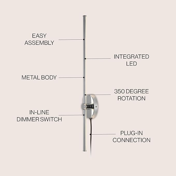 JONATHAN Y 27.25" Chrome 1-Light Modern Integrated LED Wall Sconce, Minimalist Plug-in Adjustable Bar Lamp for Bedroom Living Room, Dimmable Iron Metal Wall Light, 3000K (JYL7136C)