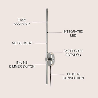 JONATHAN Y 27.25" Chrome 1-Light Modern Integrated LED Wall Sconce, Minimalist Plug-in Adjustable Bar Lamp for Bedroom Living Room, Dimmable Iron Metal Wall Light, 3000K (JYL7136C)