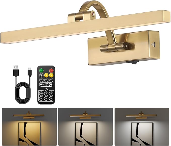Picture Lights for Wall Battery Operated 3 Colors Dimmable Lights for Pictures On Wall 15.56 Inch Brass Art Lighting for Paintings Wireless Gallery Light Poster Lights with Remote and Timer