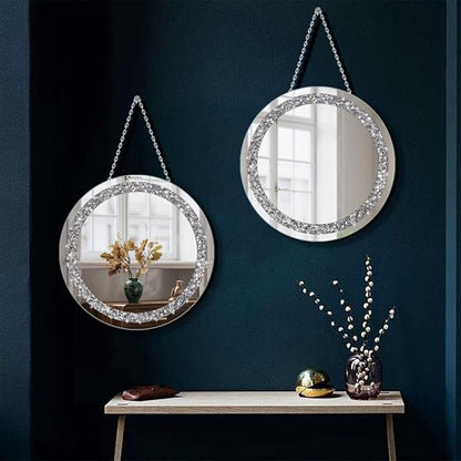 Crystal Crush Diamond Silver Mirror 2 Pack Diameter 12inch Round Shape with Iron Chain Real Glass Mirror for Wall Decor