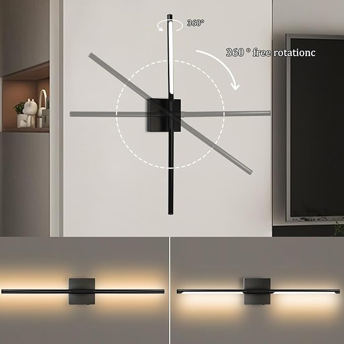 28 Inch Wall Sconces Set of 2 Battery Operated,10000mAh Black LED Wireless USB Rechargeable Wall Lights with Remote Control,360° Rotation LED Dimmable Picture Lamp for Living Room,Bedroom.