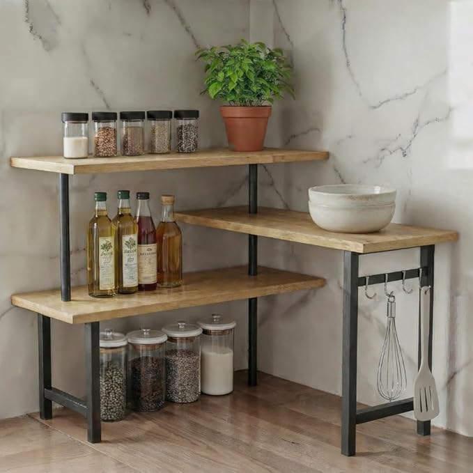 3-Tier Bamboo Corner Countertop Organizer with Extended Top Tier – Kitchen Counter Shelf for Small Spaces, Coffee Bar Organizer, Spice Rack, Bathroom Counter Storage, Space Saver