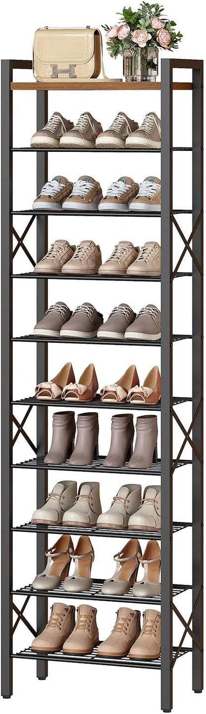10-Tier Narrow Shoe Rack, Tall Shoe Rack for 10-20 Pairs, Slim Shoe Storage Organizer with Wooden Top, Space Saving, Metal Frame, for Entryway, Rustic Brown and Black SS68BR
