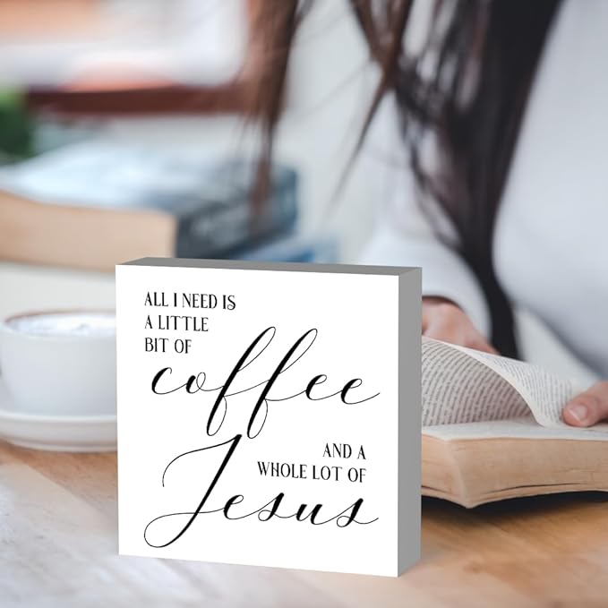 Christian Coffee Bar Sign, Farmhouse Kitchen Decor with Inspirational Quote, Rustic Wood Wall Art for Home Cafe Office