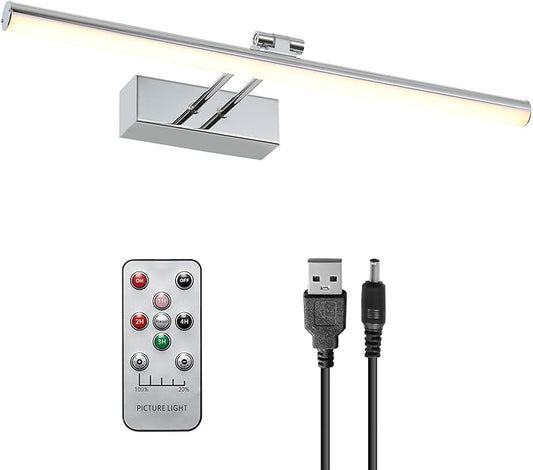 Battery Picture Light, 16 inch Wireless Picture Light for Painting with Remote,Full Metal Rechargeable Art Light,Wall Sconce Display Lighting for Portrait, Photo Frame,Gallery, (Chrome)