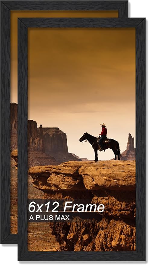 A PLUS MAX 6x12 Picture Frame Set of 2, Black Engineered Wood Frame for 6 x 12 Inch Picture Poster Photo, Light Weight 6 by 12 Frame with Wood-grain for Wall - 2 Pack/Black/6