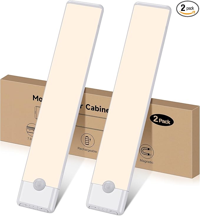Motion Sensor Under Cabinet Lights, Magnetic Rechargeable Under Counter Closet Light, Wireless Night Light Bar Stick-On, 2-Pack, Neutral White
