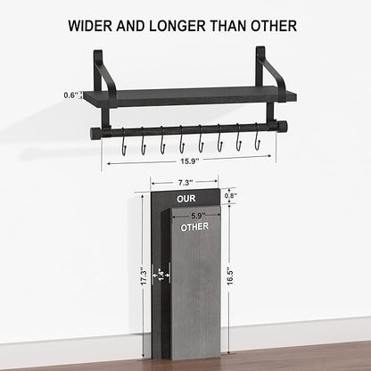 Love-KANKEI Floating Shelves for Coffee Bar,Bathroom Shelves with Towel Bar, Wall Shelves with 8 Hooks for Kitchen, Storage Shelf Set of 2 for Bedroom,Living Room，17.3 Inch Black