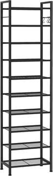 usikey 10 Tiers Narrow Shoe Rack 20-30 Pairs, Sturdy Metal Tall Shoe Rack Shelf with 4 Hooks, Slim Shoe Storage with Metal Shelf, Space Saving Vertical Shoe Organizer for Entryway Black UNYXJX018H