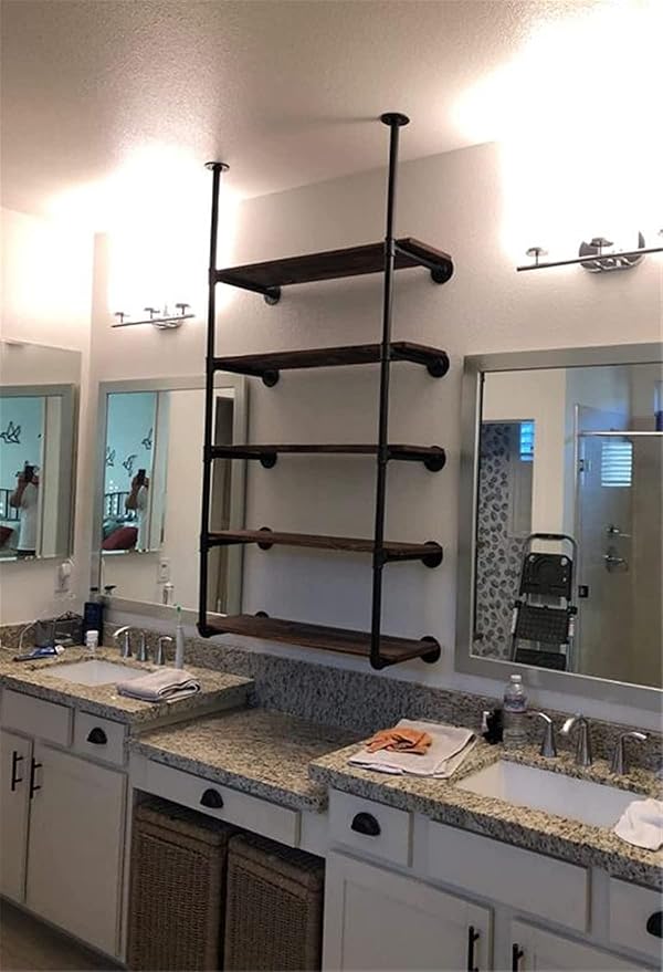 Industrial Wall Mount Iron Pipe Shelf Shelves Shelving Bracket Black Vintage Retro Ceiling Hung Shelf DIY Open Bookshelf Storage for offcie Room Kitchen (2PcsX5Tier,68