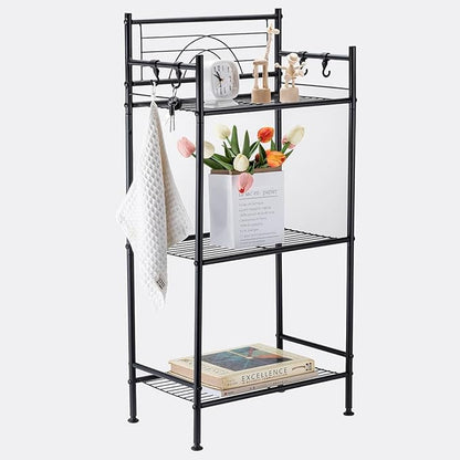 L&H UNICO 3-Tier Free Standing Wire Rack Durable Metal Shelving Storage Unit with Adjustable Feet 4-Hook for Bathroom Laundry Kitchen Office, Black