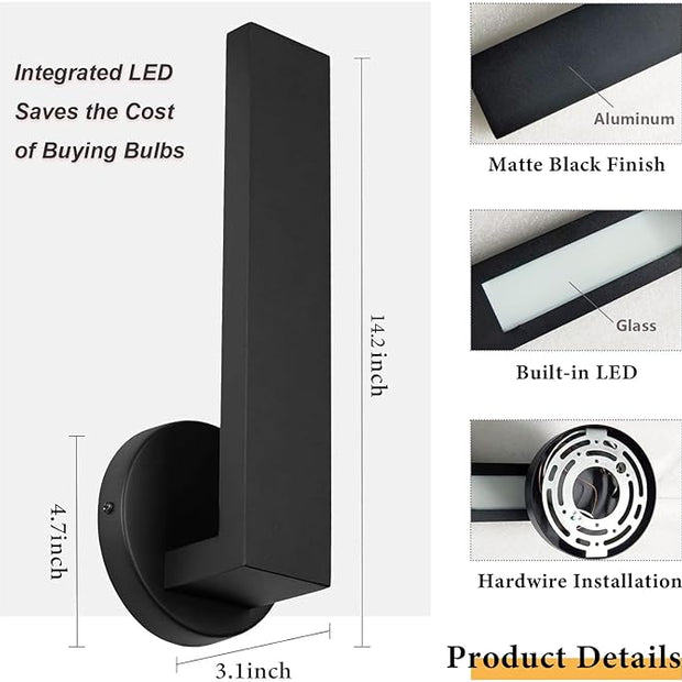 Aluminum LED 18W Modern Wall Sconces Set of 2 Matte Black Waterproof Sconce Wall Lighting Indoor Outdoor Hardwired Wall Lights for Office,Porch, Bedroom, Bathroom, Living Room,Stairway
