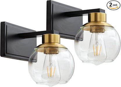 Bathroom Sconces Set of 2, Black and Gold Wall Sconces Set of Two, Bathroom Vanity Light with Clear Glass Shade, Modern Wall Light Fixtures for Bath Mirror Hallway Bedroom Living Room, Hardwired